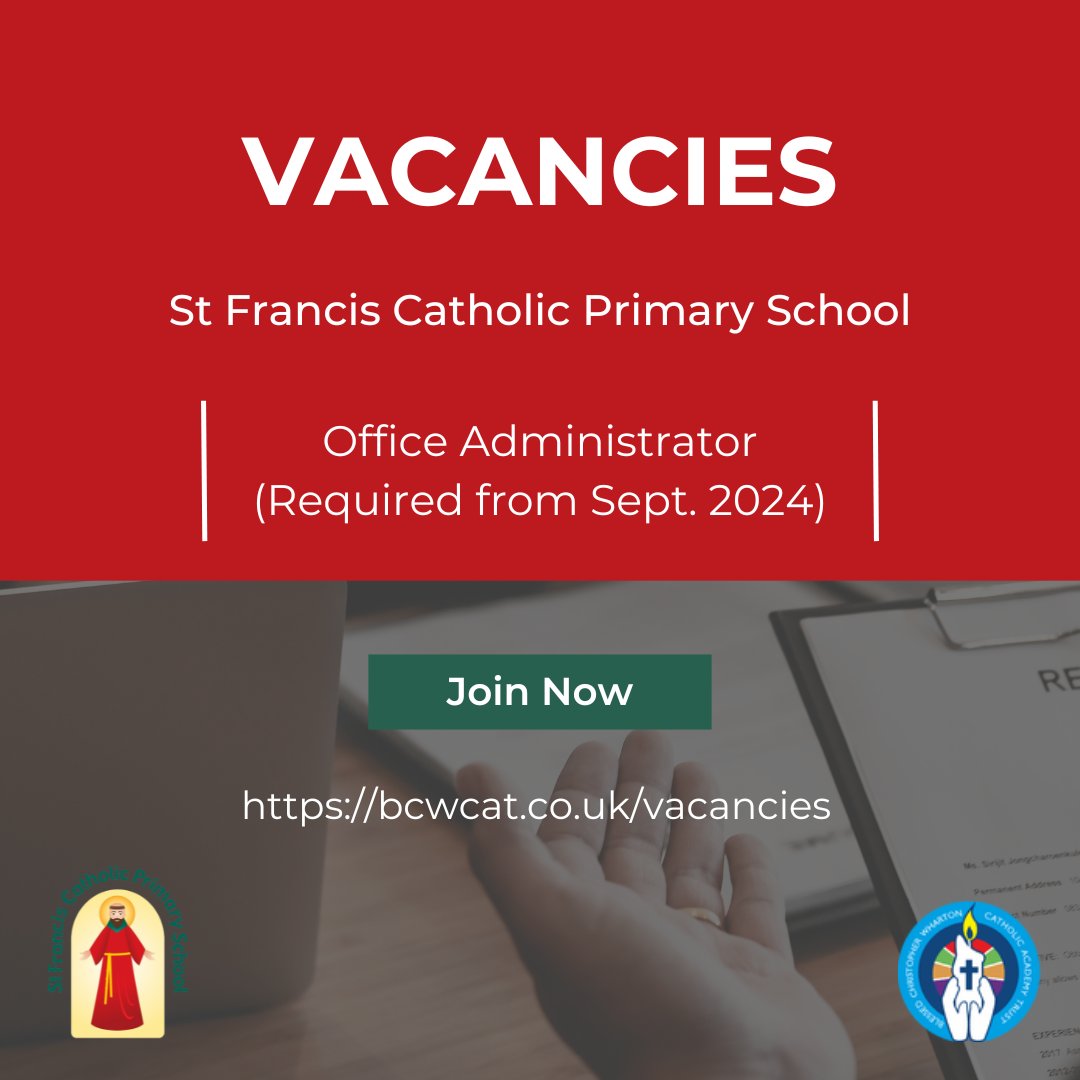 🔍 Vacancies: 🏫 St. Francis Catholic Primary School: 👤Office Administrator Visit our website to view vacancies across our Trust: 🔗bcwcat.co.uk/vacancies #WeAreHiring 📢#CatholicEducation