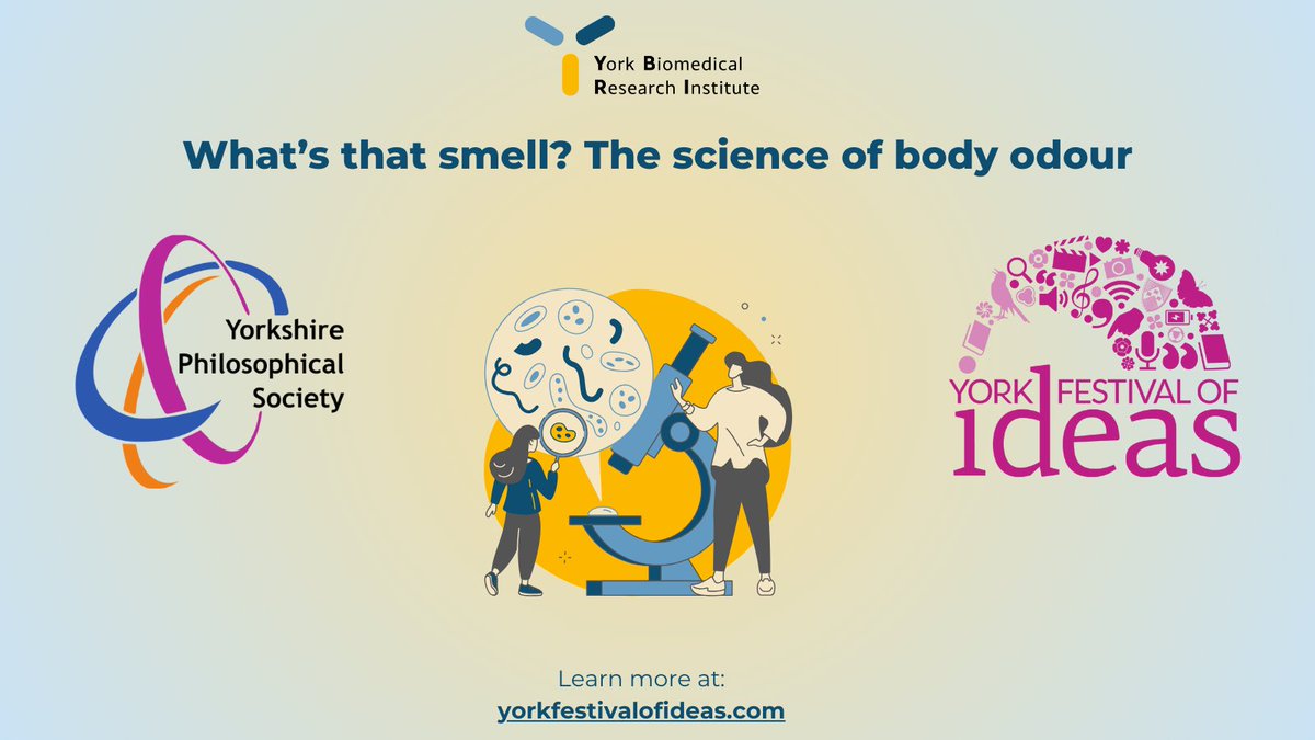 Microbiologist @GavinHThomas and his ‘Team BO’ will explain what body odour is and how it’s made on our bodies #microbiology 🗓️WHEN: Tues 11th June, 7-8pm 📍WHERE: Tempest Anderson Hall, Museum Gardens Read more & book tickets here: yorkfestivalofideas.com/2024/calendar/…