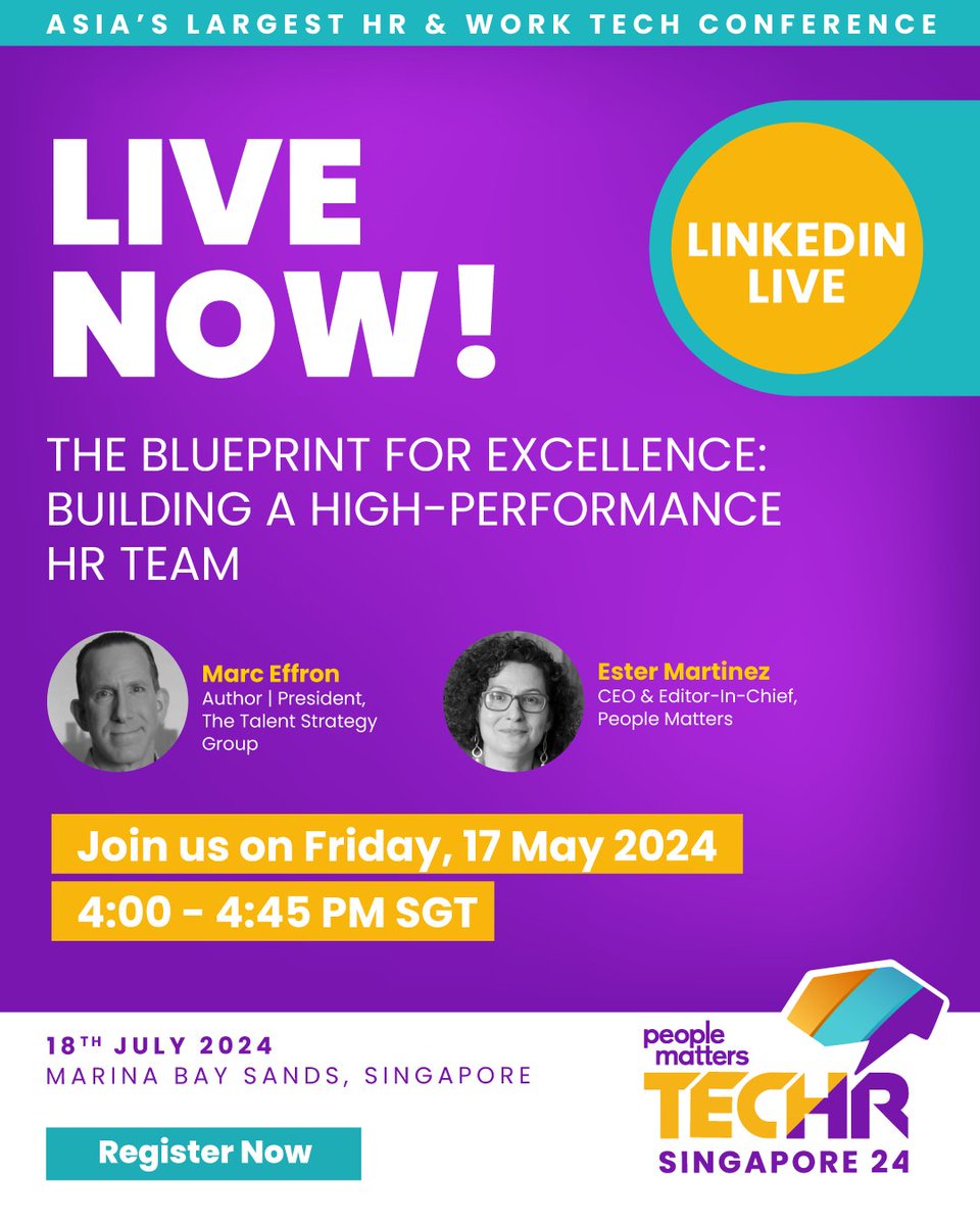 Our LinkedIn Live session on building high-performance HR teams is officially live! Join Ester Martinez and Marc Effron as they share their knowledge and expertise. bit.ly/44GUPuH #HRExcellence #LinkedInLive #NowStreaming #JoinUs #TechHRSG