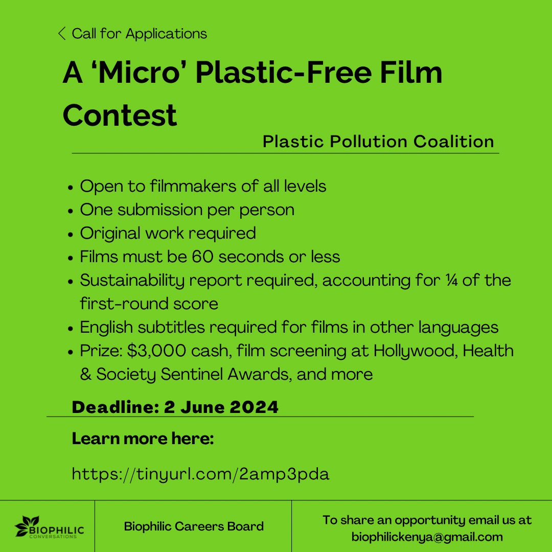 Calling all filmmakers! 🎬 Submit your 60-second film for the 'Micro' Plastic-Free Film Contest hosted by Plastic Pollution Coalition by June 2nd. Top prize: $3,000 cash, screening at Hollywood, Health & Society Sentinel Awards, and more. Apply :- tinyurl.com/2amp3pda