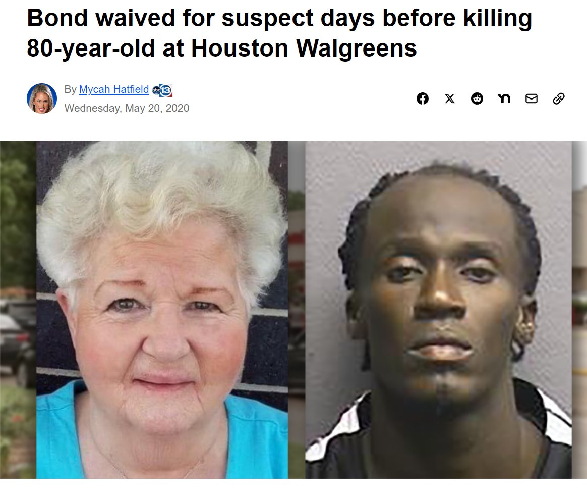 AntiWhiteWatch1's tweet photo. (#HOUSTON 2024 May) Career thug (black) stabs an 80 year old White grandmother to death outside a Walgreens. We don't have to live this way, we don't have to live with these people! #blackonWhiteviolence

"The man accused of stabbing an 80-year-old woman to death on Saturday was out on bond at the time of the murder.

Bond for Randy Lewis, 38, was waived back on April 30 for a charge of assaulting a public servant from two years ago. A charging document stated he hit someone who was transferring him to the county jail.

Lewis is accused of killing Rosalie Cook. Police said she was stabbed in the chest outside of her car after shopping inside the Walgreens near the corner of Gessner and S. Braeswood Boulevard."