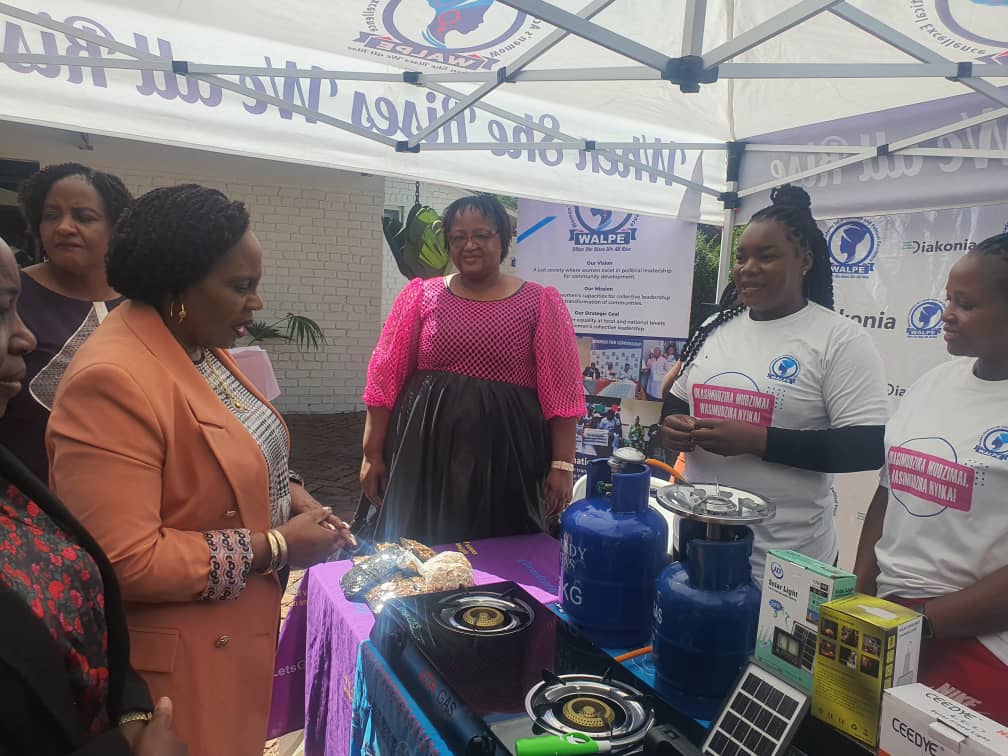 The Hon. Minister of Women's Affairs, Monica Mutsvangwa touring exhibition stands at the Gender and Climate Change Symposium held yesterday at which she also launched the National Gender and Climate Change Task Force.