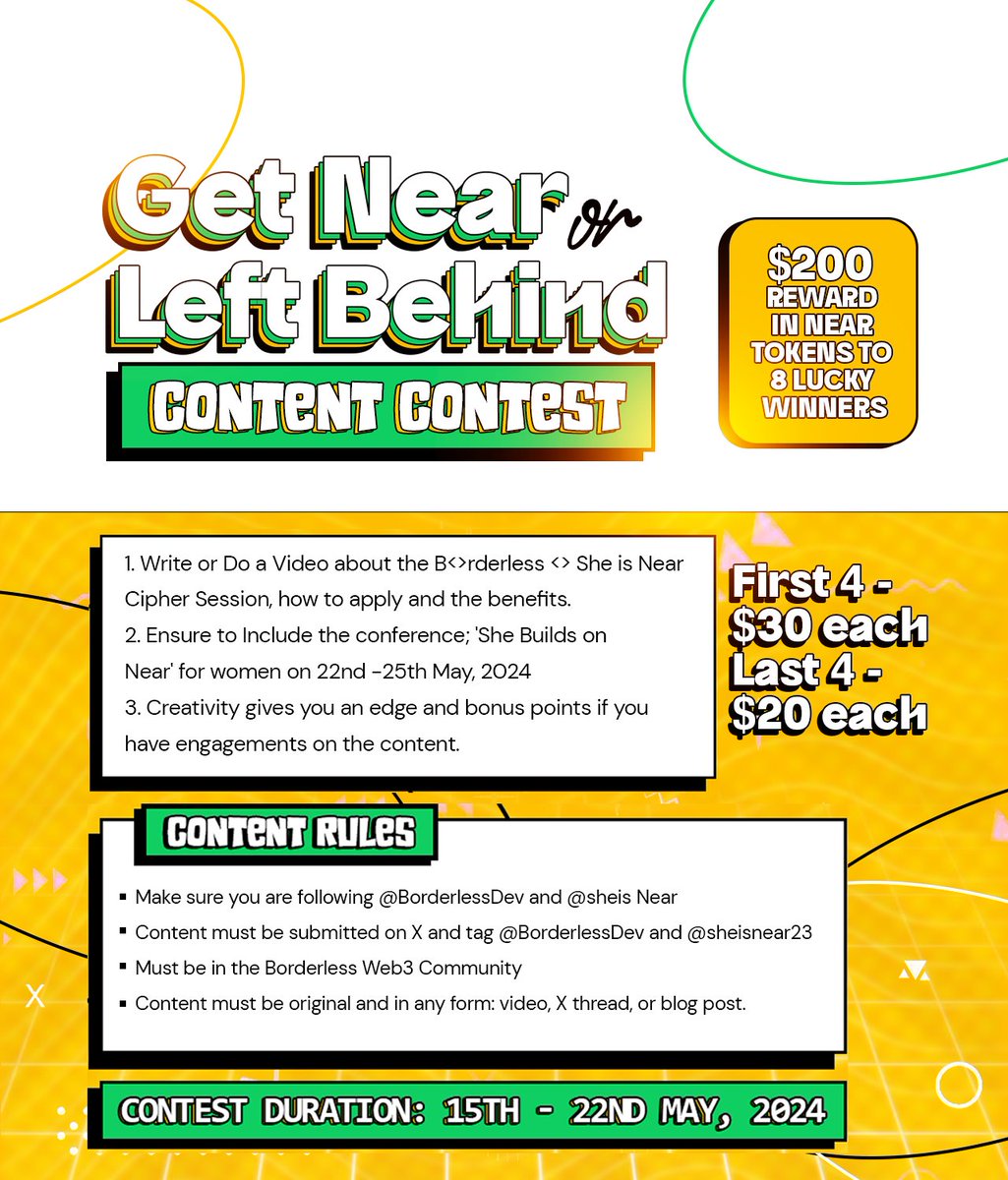 Happy Weekend B<>rder/ess fam💛👩🏾‍💻
B<>rder/ess & @sheisnear23
Presents the 'GET Near or GET Left BEHIND' Content Contest 🎥📸✍🏾

Prizes🏆
$200 Reward in Near Tokens to 8 Lucky  winners
🥇First 4 - $30 each 💵
🥈Last 4 - $20 each💵

Rules of the Contest in the 🧵👇🏽