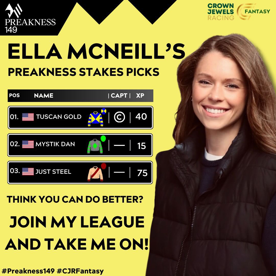 Will you be joining Ella McNeill’s League for The Preakness ❓

Register Now to Play The Game 🐎🎮

🔗Link In Bio

🏆: @PreaknessStakes 
🗓️: Saturday 18th May
📍: @PimlicoRC 
🎟️: Tickets Available 

@EllaMcNeill__ #ellamcneill  #playthegame #18ofthebest #premiumracing