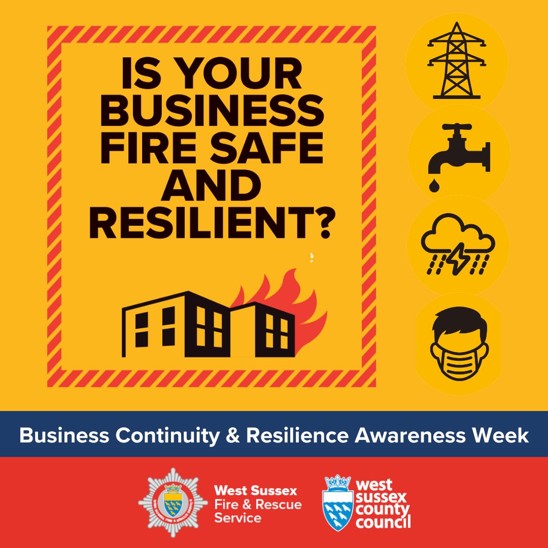 Today we are in Queensway, Crawley for our final Business Continuity & Resilience Awareness Week event with @WSCCResilience. If you own or manage a business, come along 10am-3pm to find out more about managing fire risks and preparing for emergencies.