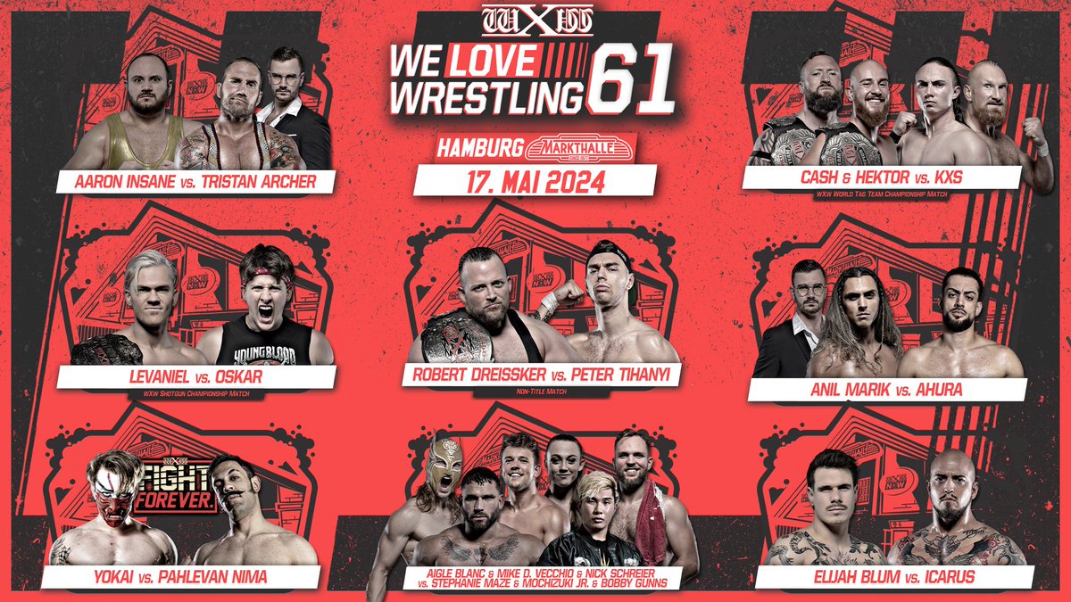 HEUTE: wXw #WeLoveWrestling 61 in der @MarkthalleHH Wir haben eine pickepackevolle Card für euch! wXw World Tag Team Championship: Hektor & @thacashprowres vs. KxS (@axeman3016 & @Fast_Time_Moodo) wXw Shortgun Championship: @LevanielPdS vs. @pw_oskar Non-Title Match: wXw