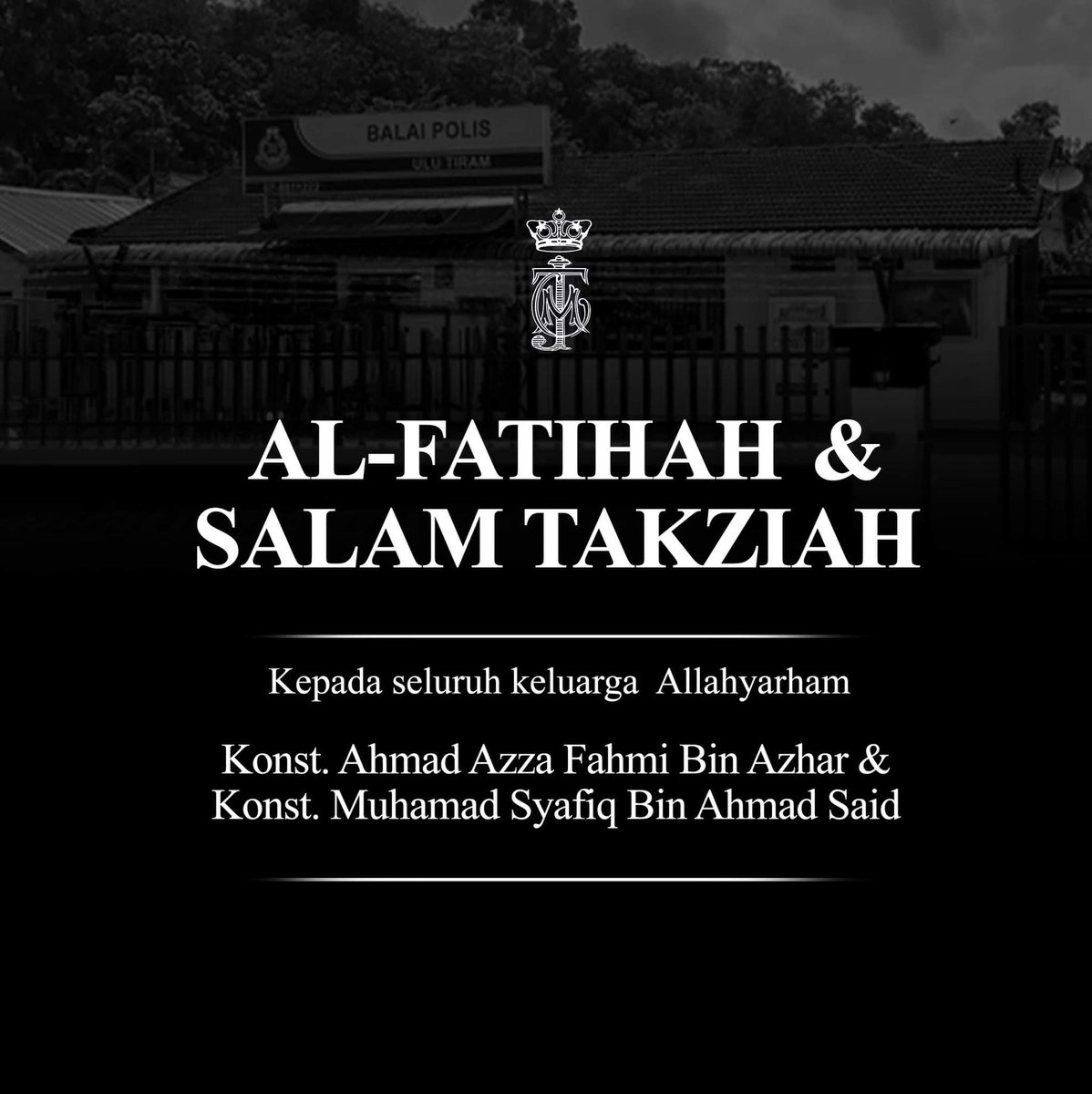 Salam takziah kepada keluarga mangsa serangan Balai Polis Ulu Tiram yang berlaku hari ini. Saya berasa amat sedih di atas kehilangan wira-wira negara dalam tragedi ini. Al-Fatihah.