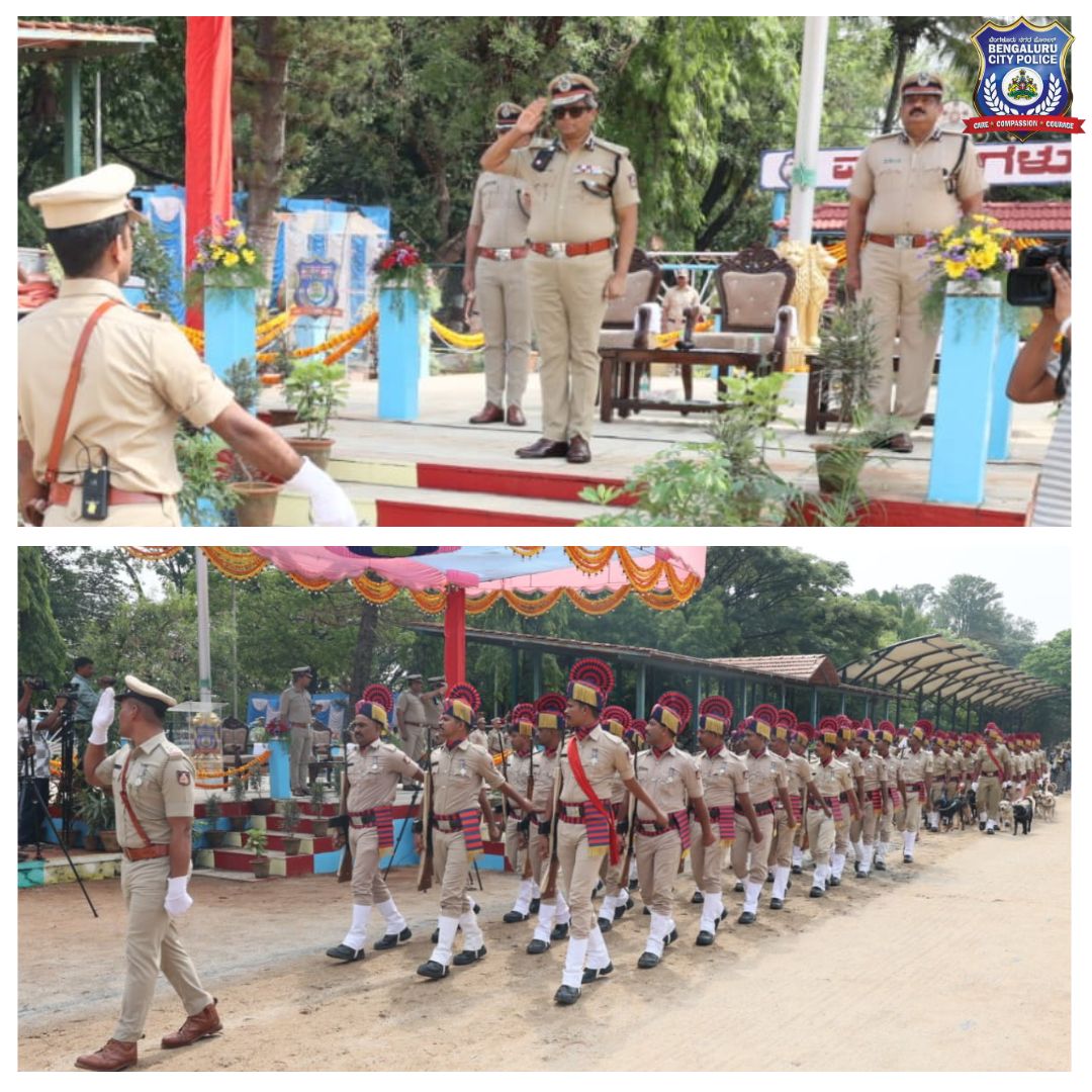 Today's monthly service parade at CAR South Adugodi, Parade Ground, Bengaluru, showcased the dedication and excellence of the city police force, in which the @CPBlr participated and took the salute. The march-past featured 10 platoons representing various units of city police,