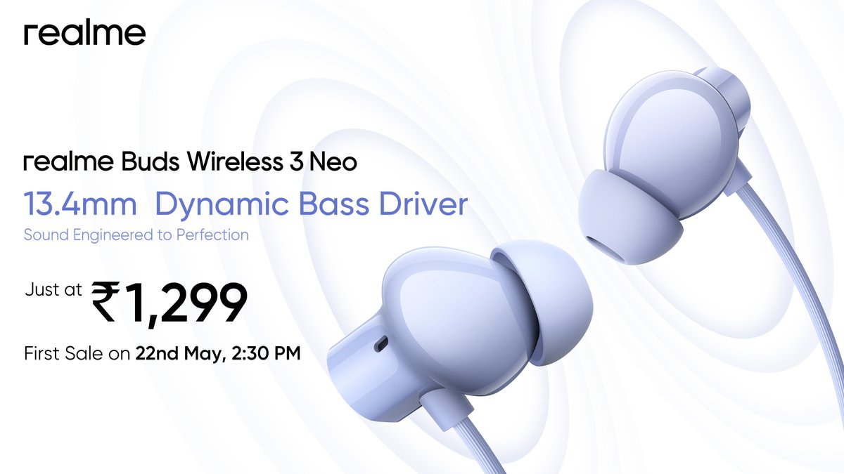 Prepare to sway to the beats of your vibe and forget the rest with the 13.4mm dynamic bass driver of #realmeBudsWireless3Neo Starting at just Rs.1299, shop on realme.com, @amazonIN and @Flipkart. Launching on 22nd May, 12 Noon.