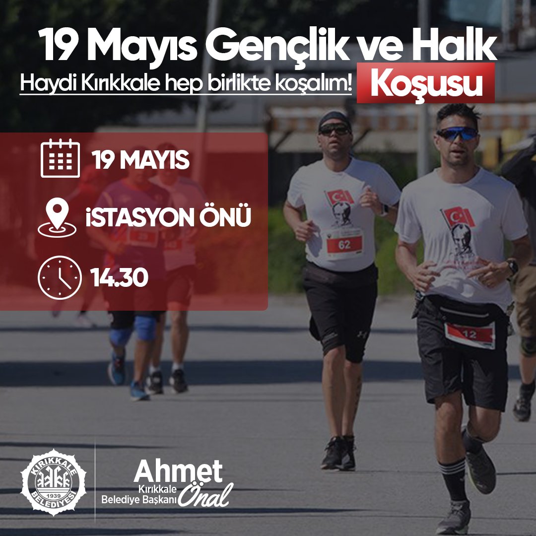 19 Mayıs Atatürk'ü Anma, Gençlik ve Spor Bayramı etkinliklerimiz kapsamında #Kırıkkale Gençlik ve Halk Koşumuza tüm hemşehrilerimiz davetlidir.🇹🇷 🗓️ 19 Mayıs 2024 🕑 14:30 📍Başlangıç Noktası: Kırıkkale Tren Garı, Bağdat Köprü Dönüş