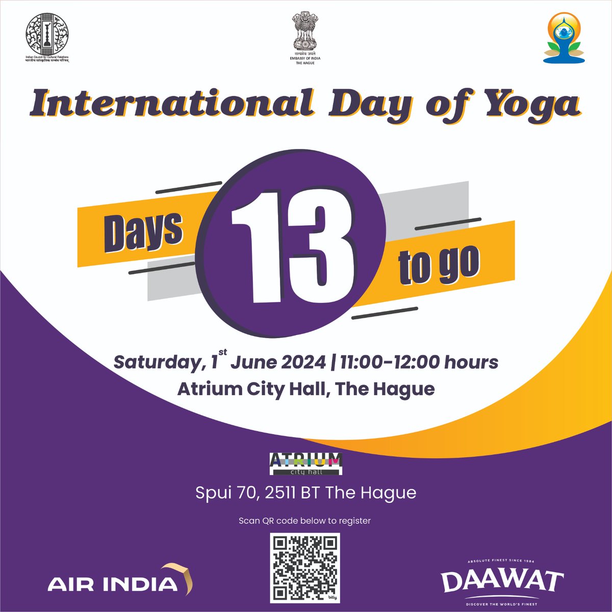 Hurry! Register @ bit.ly/4b7fWIY for the International Day of Yoga 🧘‍♂️event on 🗓️Saturday, 1st June I 1100 - 1200 hrs @AtriumCityHall #InternationalDayofYoga or scan QR code👇