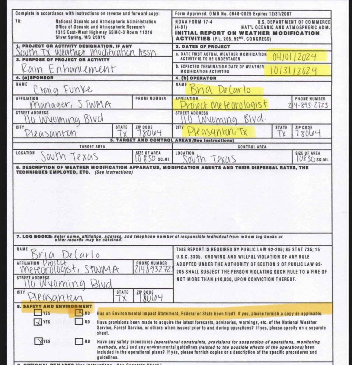 @kova2066 @In2ThinAir So Bria DeCarlo is a ‘project meteorologist’ who has authorised 6 months of ‘Rain Enhancement’ in Texas 
… without filing a federal or state Environmental Impact  Statement

Is this legal 🤔 
#weathermodification #cloudseeding #geoengineering #silveriodide