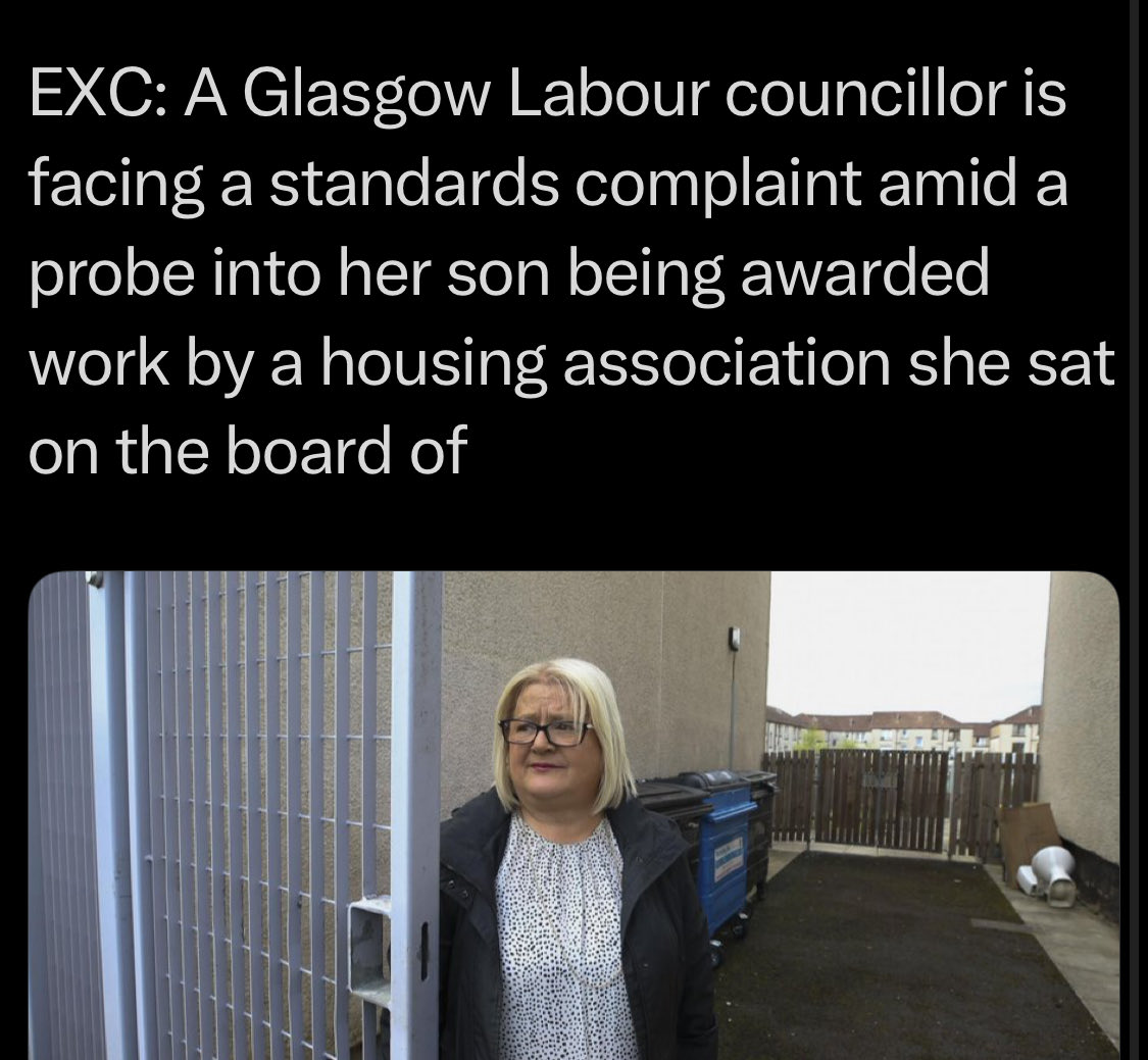 Scottish Labour councillor Elaine McDougall facing standards complaint on a £4m contract her son was awarded by a housing association. Anyone else noticed its omission from @STVNews and @BBCScotlandNews?