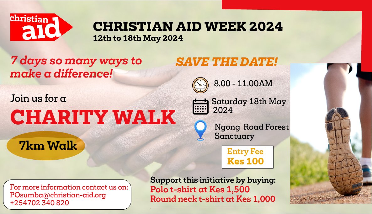 As we conclude #christianaidweek, join us tomorrow at Ngong Forest Sanctuary behind Jamhuri Showground for a 7km Charity Walk. Don't miss out! #7dayssomanyways #christianaidweek2024 #Standingtogetheragainstpoverty #WalkForACause #MakeADifference @christianaid