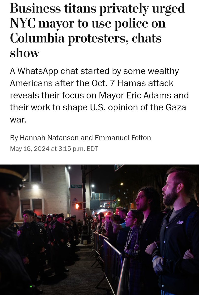 Washington Post:

'A group of billionaires and business titans working to shape U.S. public opinion of the war in Gaza privately pressed New York City’s mayor last month to send police to disperse pro-Palestinian protests at Columbia University'

Now isn't free market just