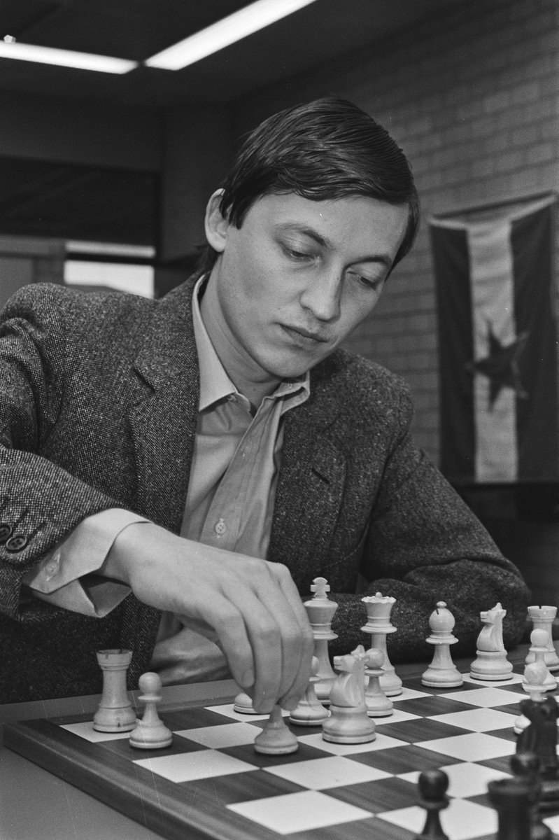 World Champion Anatoly Karpov, pictured in play at the IBM tournament in Amsterdam on 17th May 1981. This event, which featured previous winners, was the last in the series. It was won by Jan Timman. (📷:M. Antonisse / ANEFO, via nationaalarchief.nl.) #chess