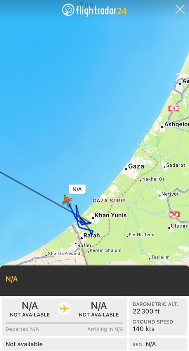 Like at the start of the Israeli invasion of Gaza, British & American Air Forces are gathering intel together 📡 

'RFR7144' UK RAF • Shadow R1 
'N/A' US Air Force • MQ-9 Reaper

The MQ-4C Triton 'BLKCAT5' is monitoring further north but will patrol off Gaza in 1-2 hours.