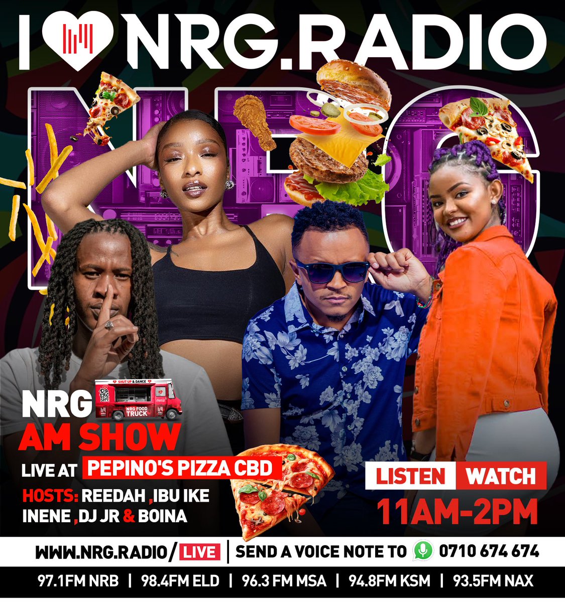 It’s furahiii day guys 🥳tune in to the illest mid morning show na leo tuko hapa @pepinos with the gang @reedahyvonne @IbuIke7 @djjr254 @connie_wambu 
Pitia you grab yourself some goodies kosa uchekwe😝
#PeppinosPizza #PaylessRadio #NRGAmShow