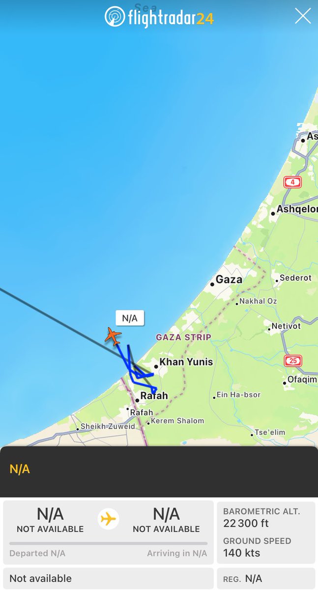 📌نیروهای هوایی بریتانیا و آمریکا در حال جمع آوری اطلاعات هستند. 'RFR7144' RAF انگلستان • سایه R1 'N/A' نیروی هوایی ایالات متحده • MQ-9 Reaper MQ-4C تریتون 'BLKCAT5' بیشتر شمال را رصد می کند اما در عرض 1 تا 2 ساعت در غزه گشت زنی خواهد کرد.