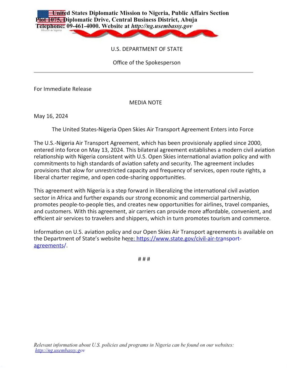 SadiyatD's tweet photo. United States and  Nigeria Agrees on open Skies Air Transport* 

The U.S.-Nigeria Air Transport Agreement, which provisionally came into force since 2000, came into force on May 13, 2024. 
#US https://t.co/rXhqbNukst