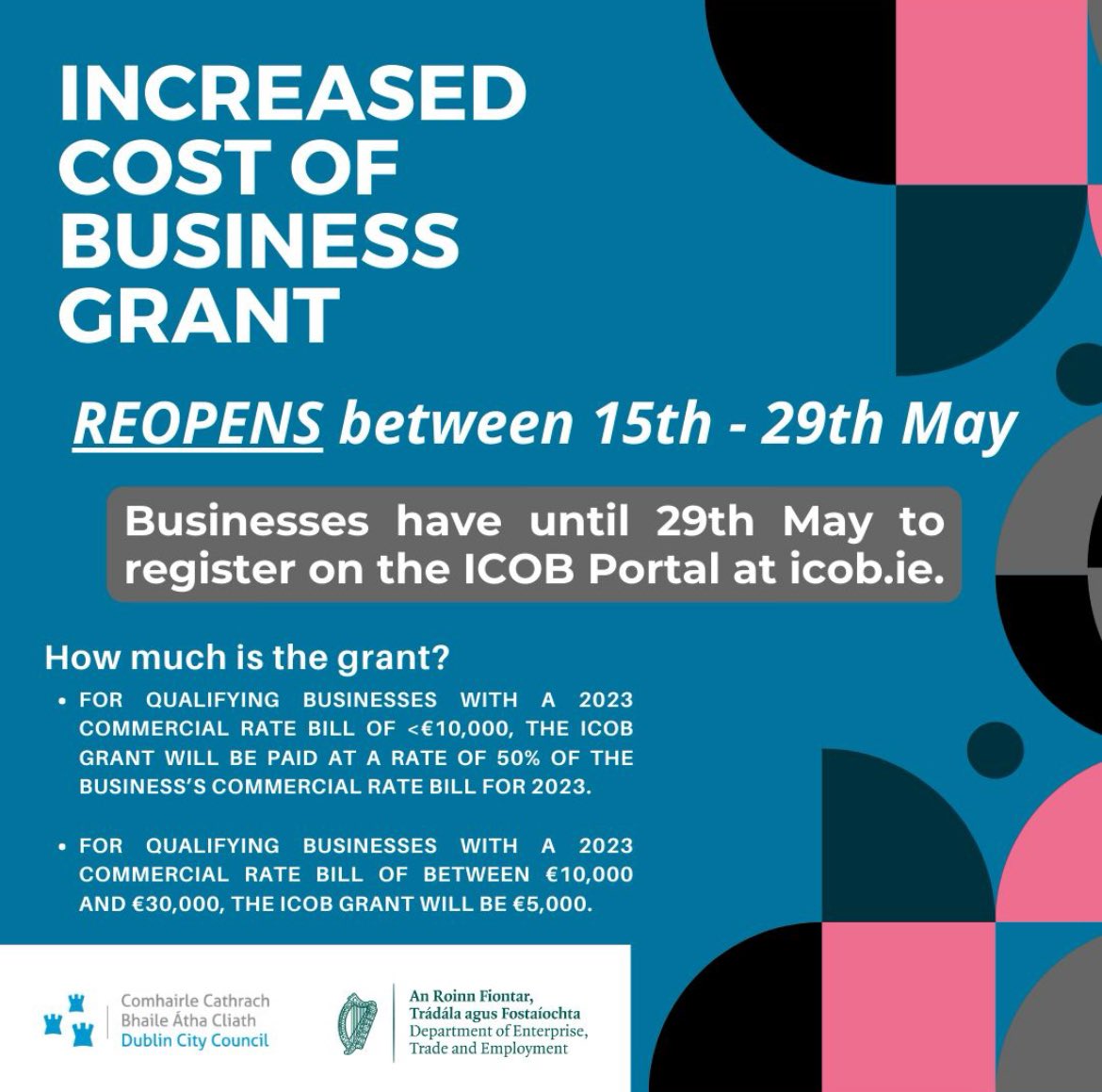 #NorthInnerCity businesses, don’t forget that the increased Cost of Business Grant application has reopened. Applications can be made until 29 May. Don’t miss out on this vital support. To register for the grant and for more information, visit mycoco.ie/icob #icob