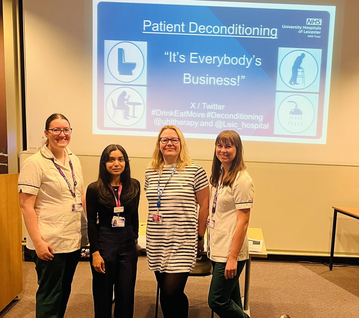 Second #Deconditioning training this morning at @Leic_hospital #LGH. Thanks to @KerryTebbutt, #TrivainiDietician and #JenniOT from @uhltherapy for supporting this MDT approach. #DrinkEatMove #DrEaM