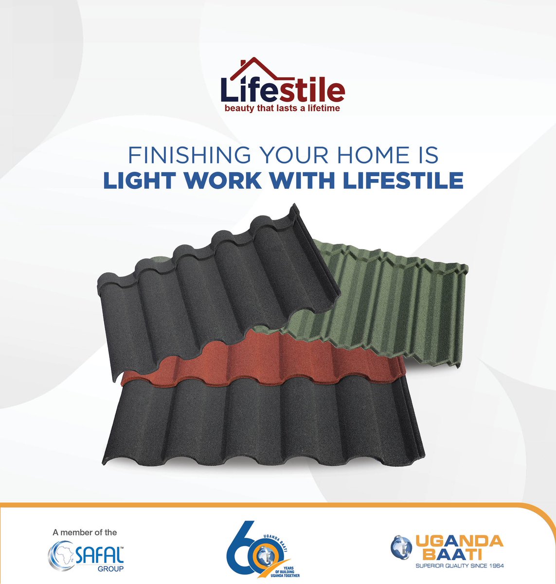 Roof your home with timeless elegance. We have a Lifestile roof profile for every kind of you. They come in Shingle, Wave and Roman profiles. @UgandaBaati #UgandaBaatiAt60 #LifestileStonecoatRoofTiles #SuperiorQualitySince1964