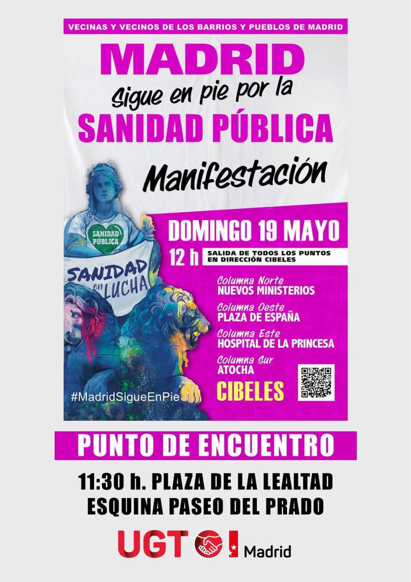 Este domingo 🗓️19 de Mayo tenemos una cita importante con la defensa de la #SanidadPública
#MadridSigueEnPie 
Por una Sanidad Pública de Calidad y accesible para todas y todos