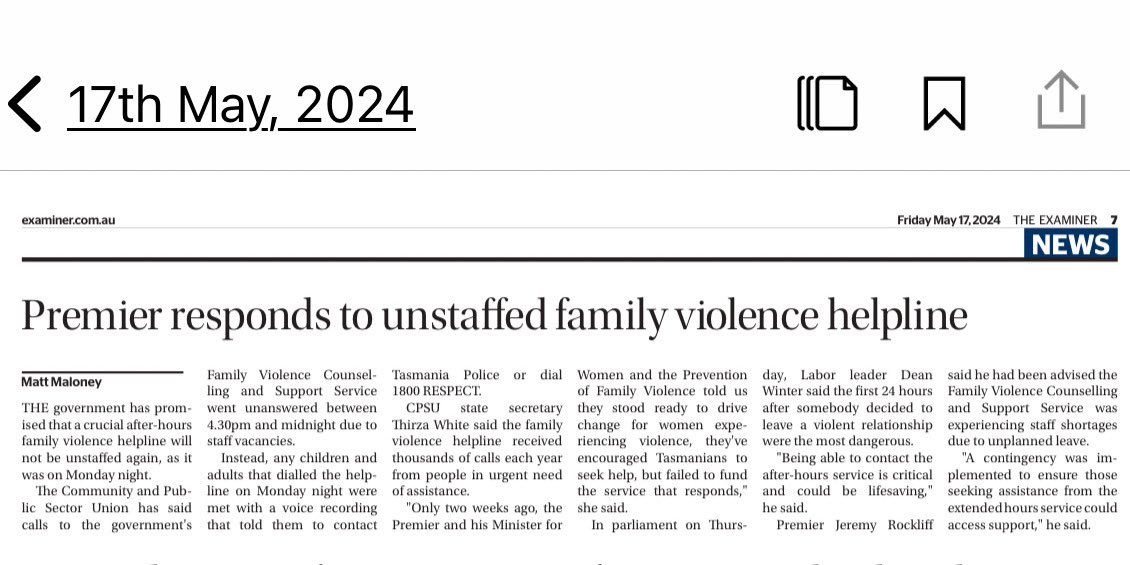 The Family Violence Counselling &amp; Support Service receive thousands of calls each year, providing urgent assistance to Tasmanian’s experiencing #familyviolence. With increasing demand, what steps has the Premier taken since Monday to ensure all lines are fully staffed? #politas