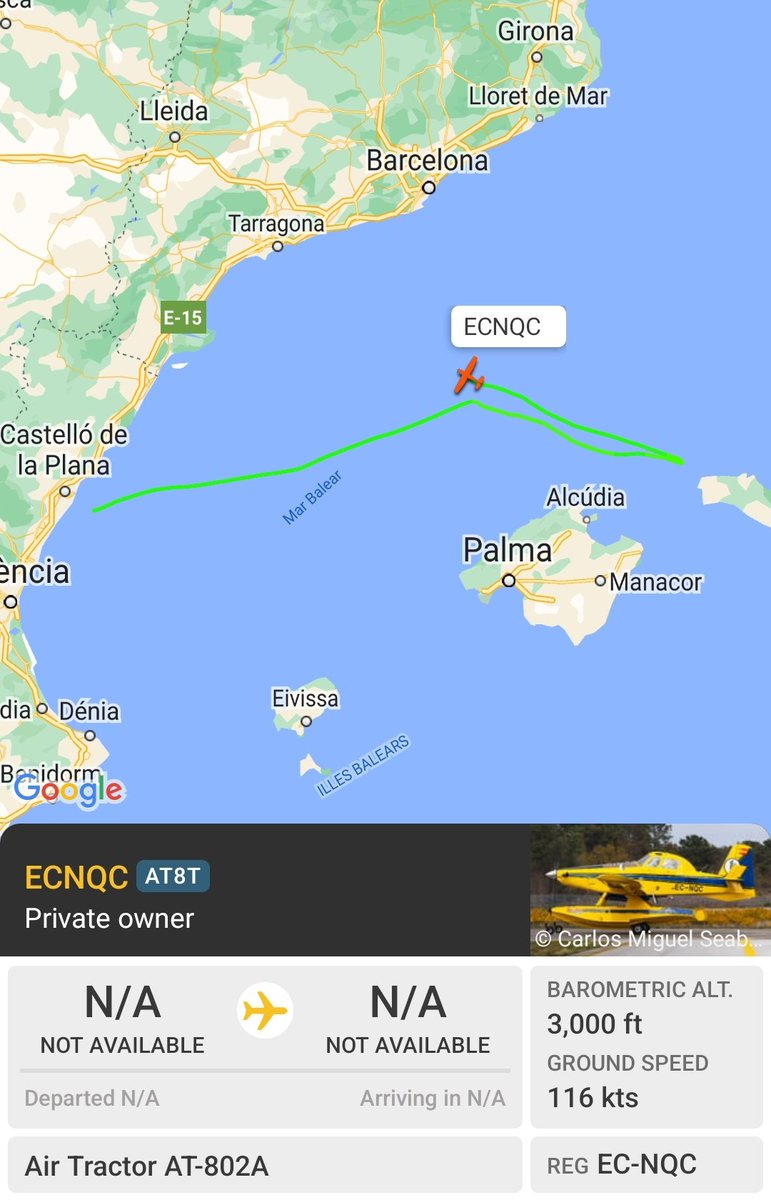 Em crida la atenció aquest Air Tractor que sembla que anava de Castelló a Balears i ha donat la volta abans d'arribar a Menorca, a veure on acaba #transitaeri #transitaericatalunya