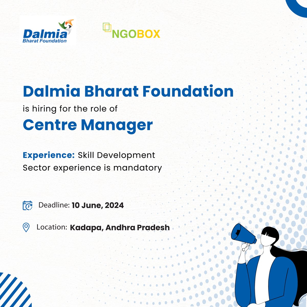 Join Dalmia Bharat Foundation as a Centre Manager! Are you passionate about rural development and have at least 2 years of experience working with NGOs or development schemes, especially in skills development programs? Apply now: ngobox.org/job-detail_Cen… #JobOpening