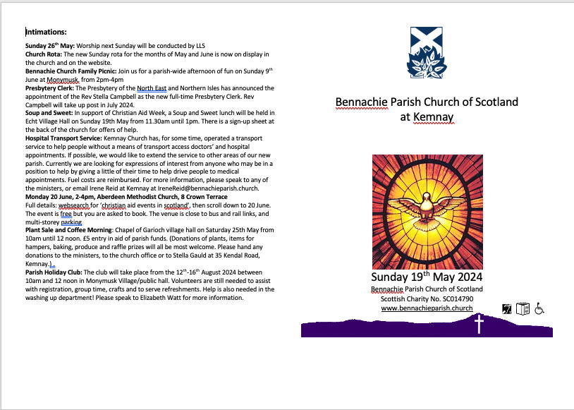 BPC Service at Kemnay at 10am 19th May 2024 -  bennachieparish.church/2024/05/16/bpc… 
Please come and join us for the Sunday 10am Service at Bennachie Parish Church at Kemnay or you can also join online see here for details. ......