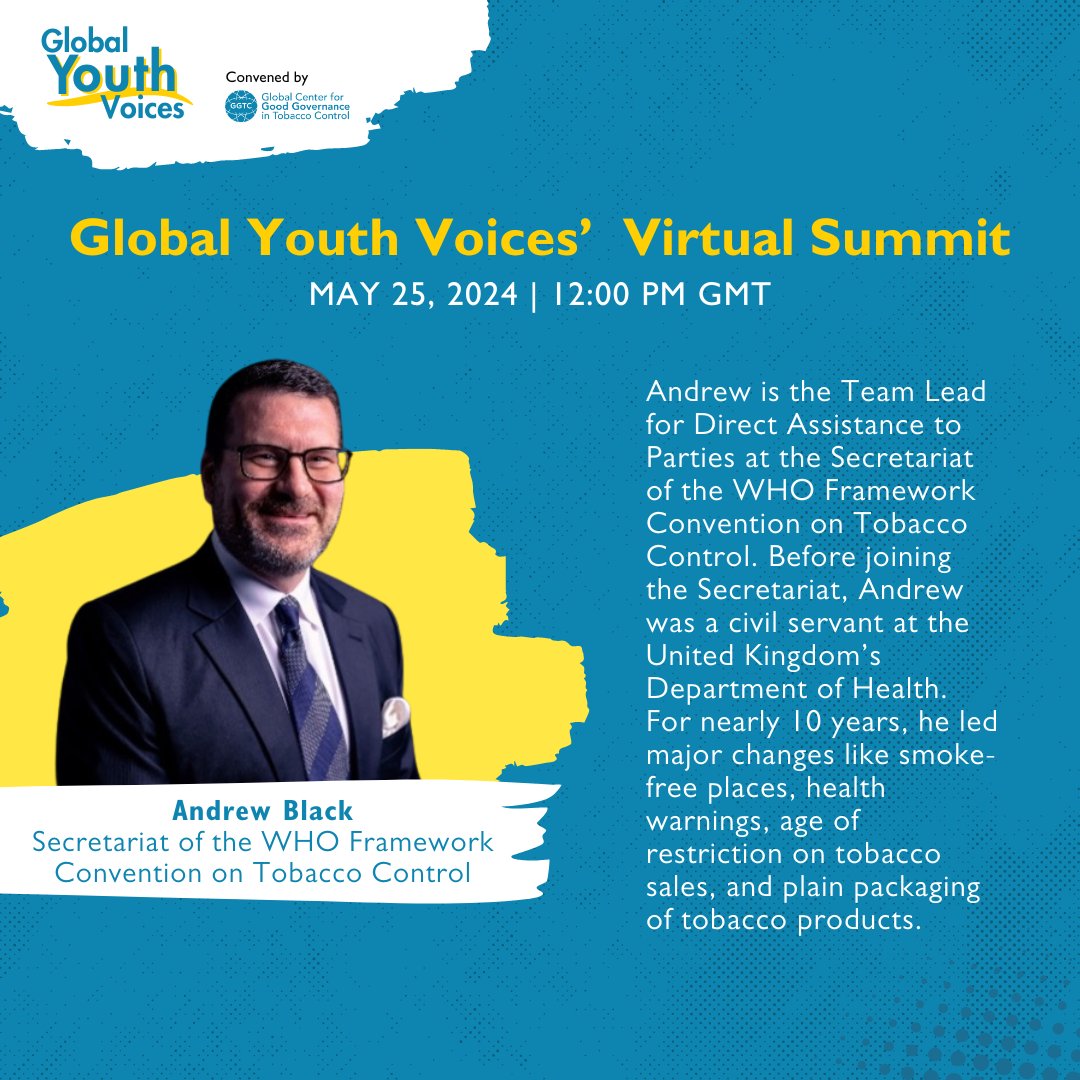Join Andrew from the Secretariat of the WHO FCTC as he stands with youth advocacies against tobacco industry tactics. Don't miss him at the Global Youth Voices’ Virtual Summit on May 25th! Register here: bit.ly/4bEMcmT #ProtectTheFuture #TobaccoExposed #FCTCSavesLives