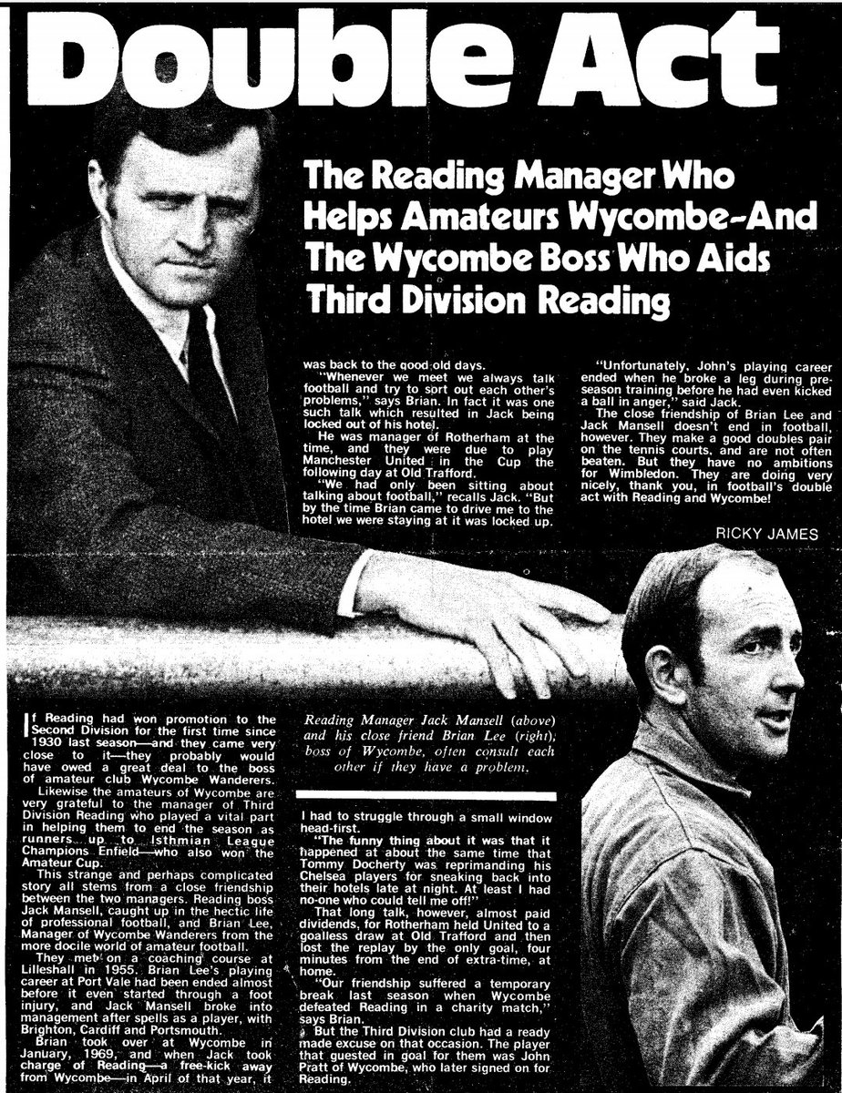 #OTD 17th May 1970
Double Act
Reading 🤝 Wycombe Wanderers
Respective Managers Jack Mansell & Brian Lee share tales.
#ReadingFC miss promotion to 2nd tier for first time since 1930 & #chairboys pipped for Isthmian League. Also Mansell locked out of hotel while boss at Rotherham.