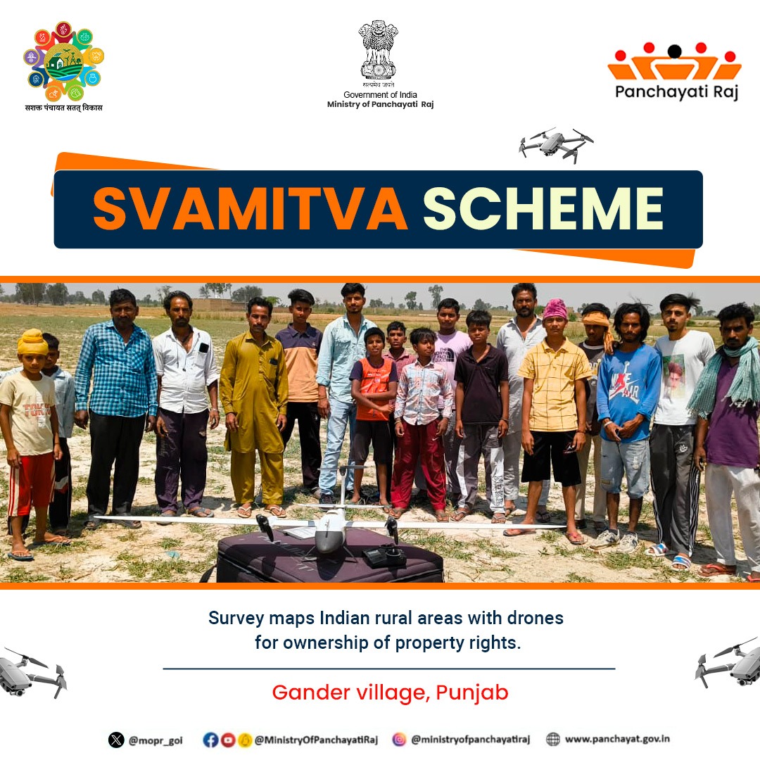 Under #SVAMITVA_Scheme #DroneFlying has commenced in #Gander village in the State of # Punjab. #AdvanceDroneTechnology of #SVAMITVA_Scheme reduces field time, survey costs &amp; captures topographic data accurately as well as faster than land-based survey methods.#स्वामित्व_योजना