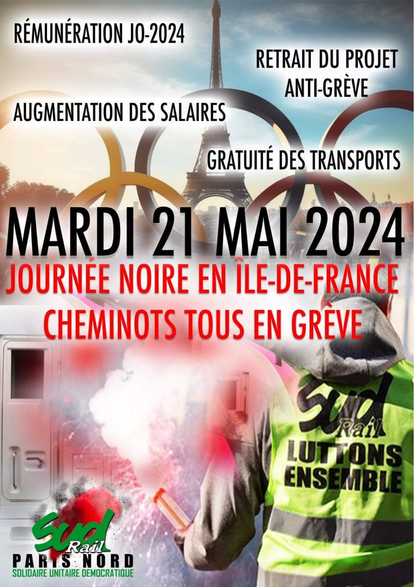 💯Initiée par #SUDRail, la mobilisation à la #SNCF en #IledeFrance va être très forte le 21 mai ; c'est une certitude ! #JO 🟢Des négociations sont prévues le lendemain au niveau du @GroupeSNCF. La direction de l'entreprise devra répondre à la hauteur de nos revendications.