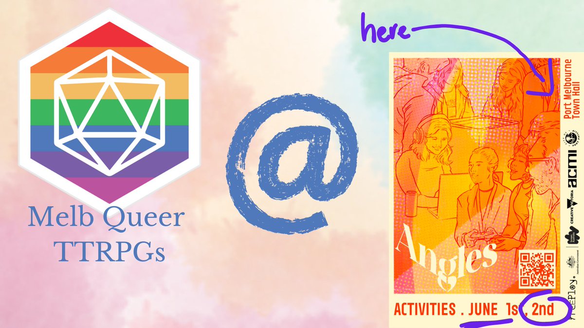 Naarm (Melb) Queer TTRPGs will be at Freeplay: Angles Activities on Sunday 2nd June.

We will have walk up micro games from local designers! Thanks to @ARCttrpg for hosting us. 

@free_play tix freeplay.net.au

#ttrpgs #queerttrpgs #queermelbourne #queernaarm #queergames