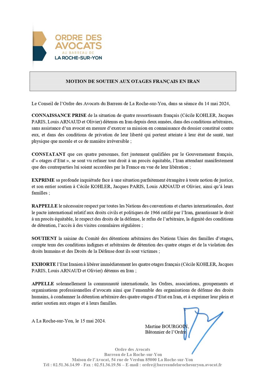 ⚠ ⚖ Le Conseil de l'Ordre des Avocats du Barreau de La Roche-sur-Yon adopte une motion de soutien aux otages français en Iran. 

<a href="/CNBarreaux/">Conseil national des barreaux - les avocats</a> 
<a href="/Conf_Batonniers/">ConférenceBâtonniers</a>