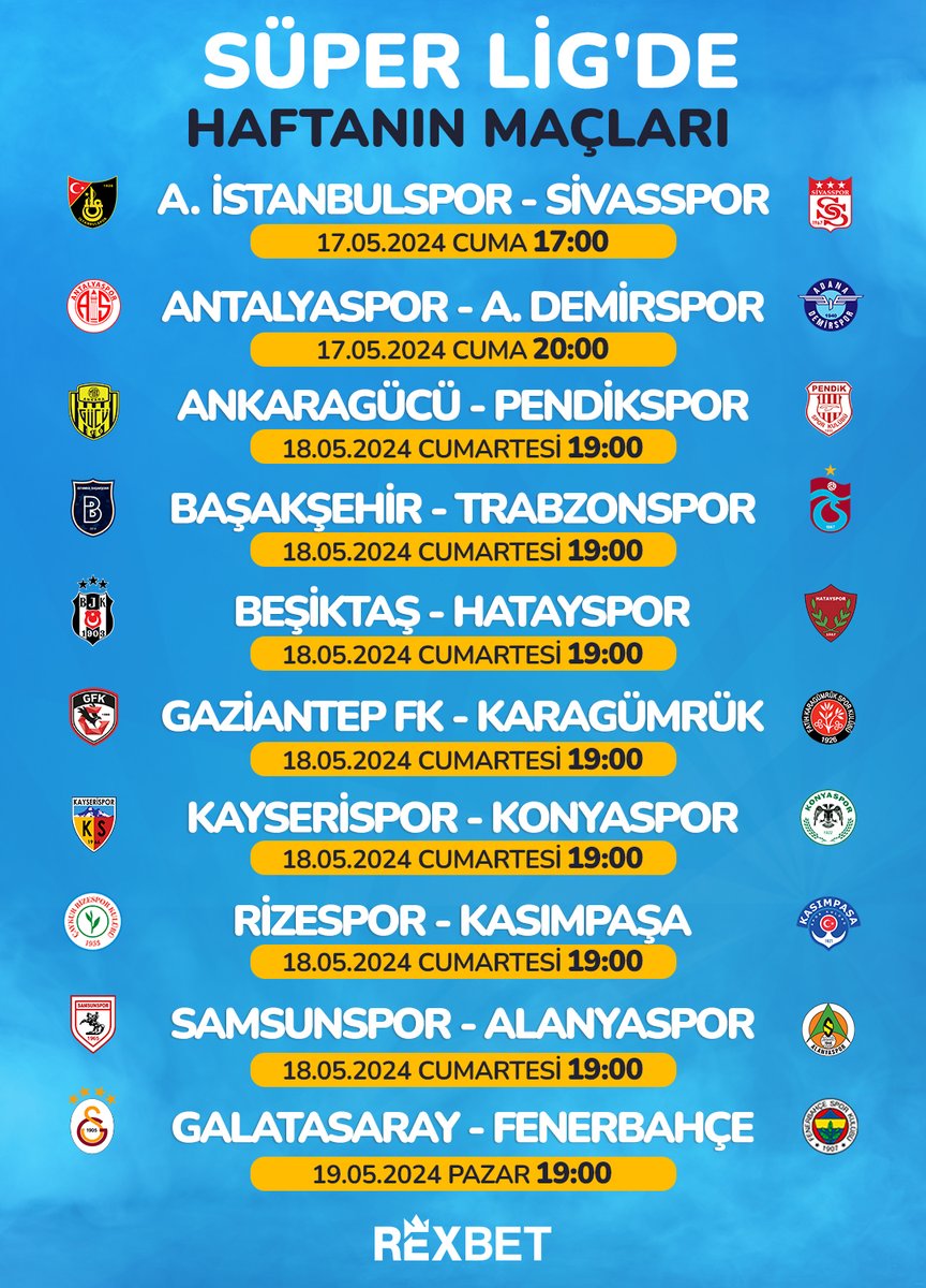 🛡 Süper Lig'de heyecan 37. hafta karşılaşmaları ile devam ediyor! Sabırsızlıkla beklenen maçlardan favorini belirle, #Rexbet'in yüksek oranları ile kazanca ortak ol! Rexbet Giriş: bit.ly/444ZExH