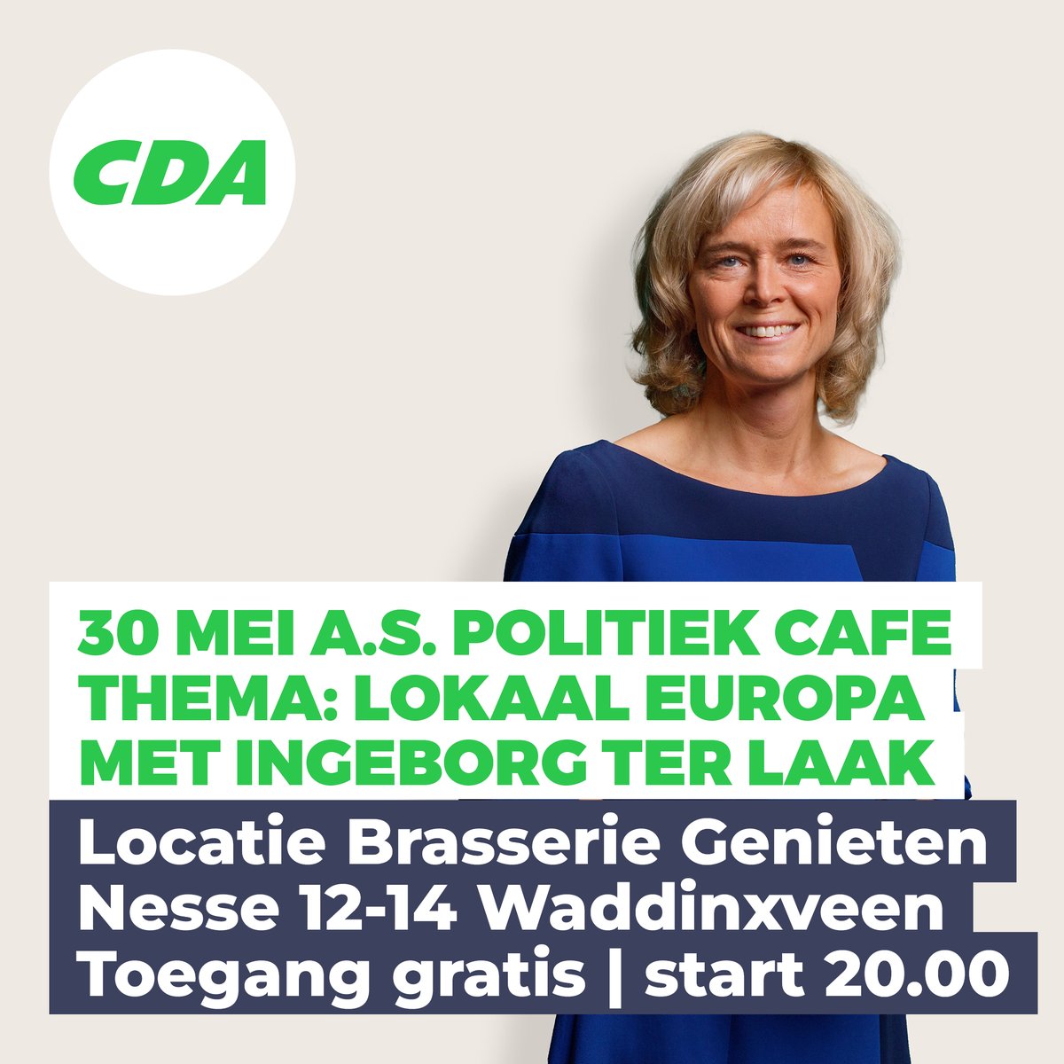 Donderdag 30 mei a.s. organiseren wij een Politiek Café in brasserie Genieten met @ingeborgterlaak over de Europese verkiezingen. Wees welkom! Meer info: cda.nl/zuid-holland/w… #teamCDA