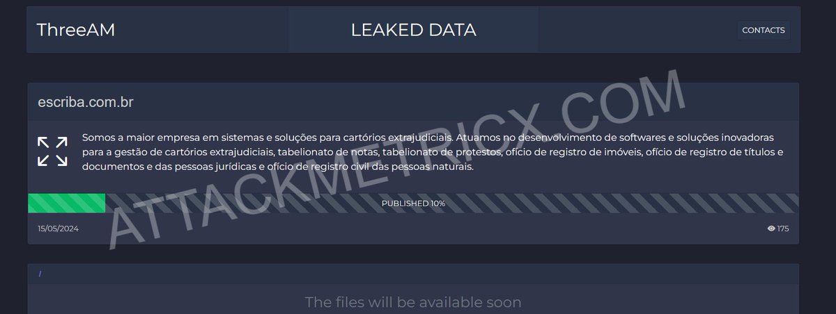 🚨 #Ransomware Alert: The group 'threeam' has targeted escriba.com.br.

The incident was discovered on May 16, 2024.

Data publication deadline set by 'threeam' Deadline May 16, 2024.

#threeam #attackmetricx #cymetricx #darkweb #threatintel #darkmetricx