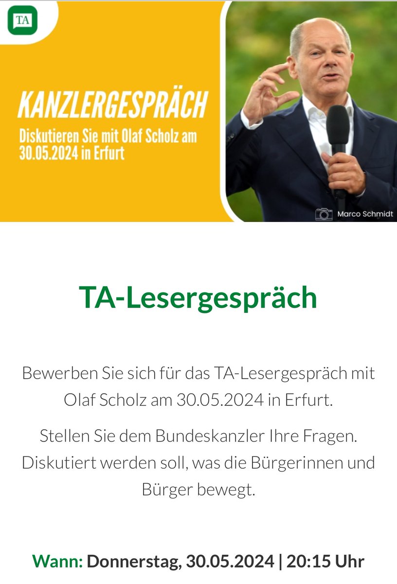 Bundeskanzler Olaf Scholz kommt am 30. Mai nach Erfurt und diskutiert mit unseren TA-Leserinnen und -Lesern. Jetzt bewerben! sweapevent.com/lesergespraech #FunkeThüringen #mediengruppethüringen #lesergespräch