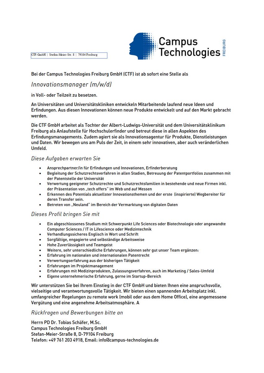 TransferAllianz e.V. (@tallianzev) on Twitter photo Bei Campus Technologies Freiburg GmbH CTF, Tochter <a href="/UniFreiburg/">Universität Freiburg</a> & <a href="/Uniklinik_Fr/">Uniklinik Freiburg</a>, ist ab sofort eine #Stelle als #Innovationsmanager (m/w/d) in Voll- o Teilzeit frei.
#Bewerben Sie sich.
#Innovationsmanagerin #Innovationsmanagement #Stellenangebot #Transfer #Technologietransfer Bei Campus Technologies Freiburg GmbH CTF, Tochter <a href="/UniFreiburg/">Universität Freiburg</a> & <a href="/Uniklinik_Fr/">Uniklinik Freiburg</a>, ist ab sofort eine #Stelle als #Innovationsmanager (m/w/d) in Voll- o Teilzeit frei.
#Bewerben Sie sich.
#Innovationsmanagerin #Innovationsmanagement #Stellenangebot #Transfer #Technologietransfer
