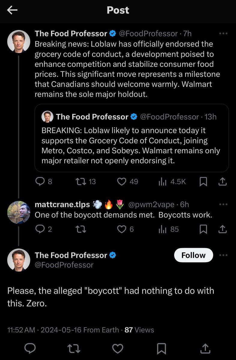 How can the Food Professor say this has nothing to do with the boycott? Wanna bet the 'code of conduct' will do absolutely nothing to reduce prices. Just a #Loblaws PR stunt.
#cdnpoli #onpoli #peipoli