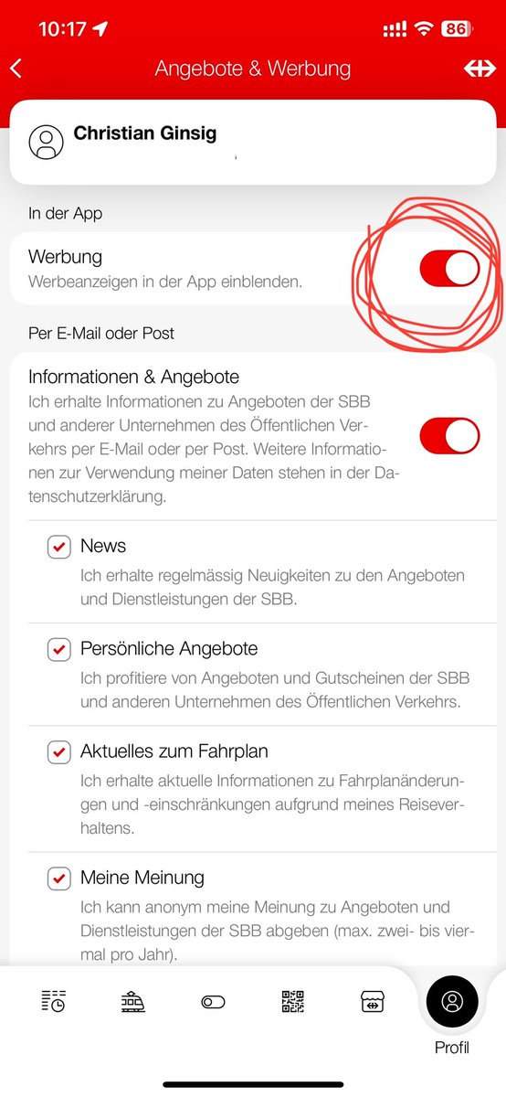 Zur Info wegen Cybersicherheit: Du kannst jederzeit selber entscheiden, ob dir in der App der SBB Werbung angezeigt wird, oder nicht. #servicetweet #övlive