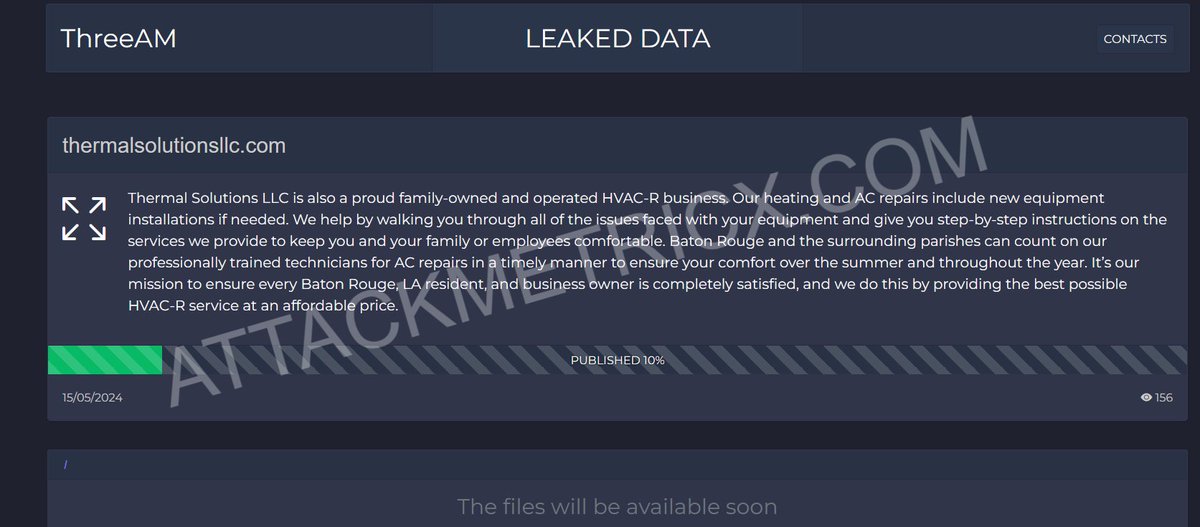 🚨 #Ransomware Alert: The group 'threeam' has targeted thermalsolutionsllc.com.

The incident was discovered on May 16, 2024.

Data publication deadline set by 'threeam' Deadline May 16, 2024.

#threeam #attackmetricx #cymetricx #darkweb #threatintel #darkmetricx