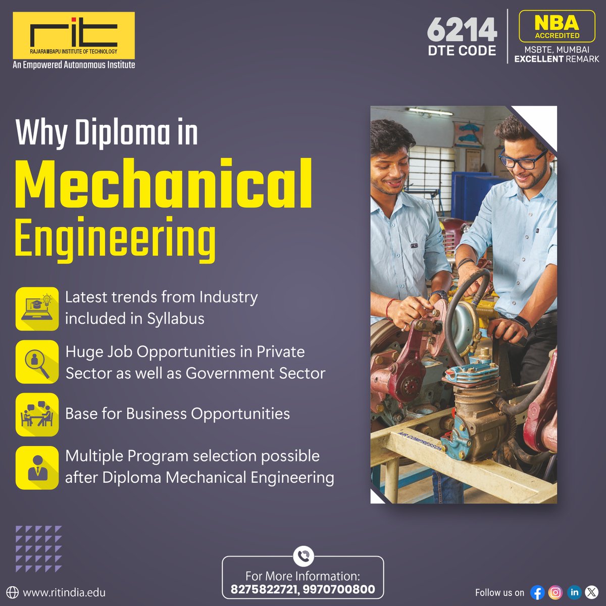 ritindia1983's tweet image. 🔧🌟 Dreaming of a hands-on career in engineering? Our Diploma in Mechanical Engineering program is your gateway to a future full of innovation and opportunities!

🚀🛠️ #DiplomaAdmissions #MechanicalEngineering #EngineeringFuture #InnovateWithUs #HandsOnLearning