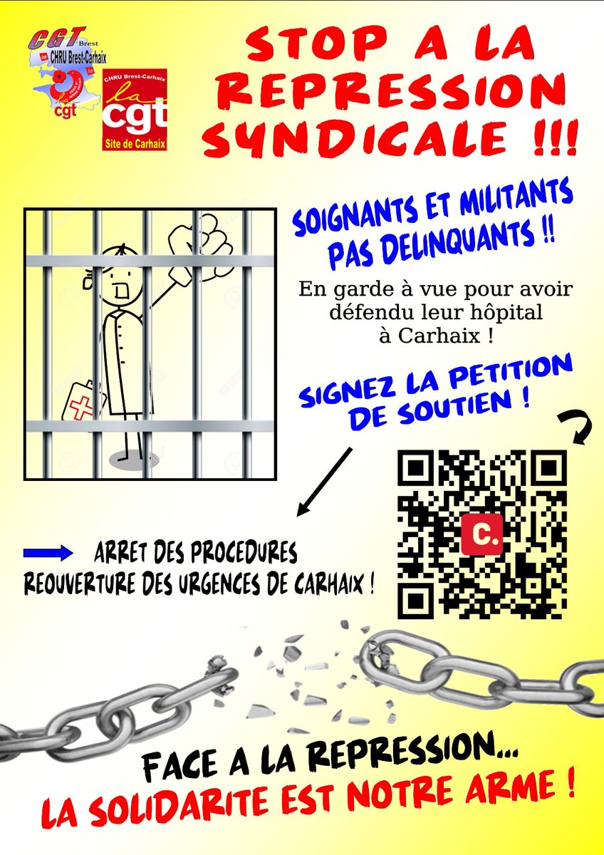 En garde à vue pour avoir défendu le maintien de l'ouverture de leur service d'urgence. Il n'y a aucune limite avec ce gouvernement à la répression des militants syndicaux. Merci de signer la pétition avec le QR code.