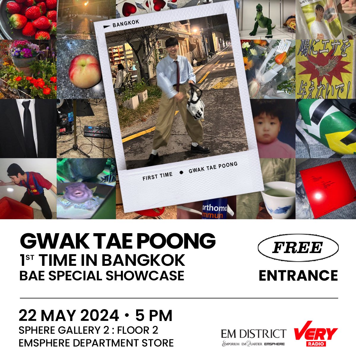 #ชมฟรี Gwak Tae Poong ดาวรุ่ง K-Indie คลื่นลูกใหม่ เจ้าของเพลงบอกรักสุด romantic อย่าง “BAE” ซึ่งจะลัดฟ้ามาแสดงครั้งแรกในไทยกับ Gwak Tae Poong : 1st Time In Bangkok ‘Bae Special Showcase วันพุธที่ 22 พ.ค. นี้ เข้าชมฟรี!! แล้วเจอกันที่ SPHERE GALLERY 2, Floor​ 2 ห้าง EMSPHERE ✨