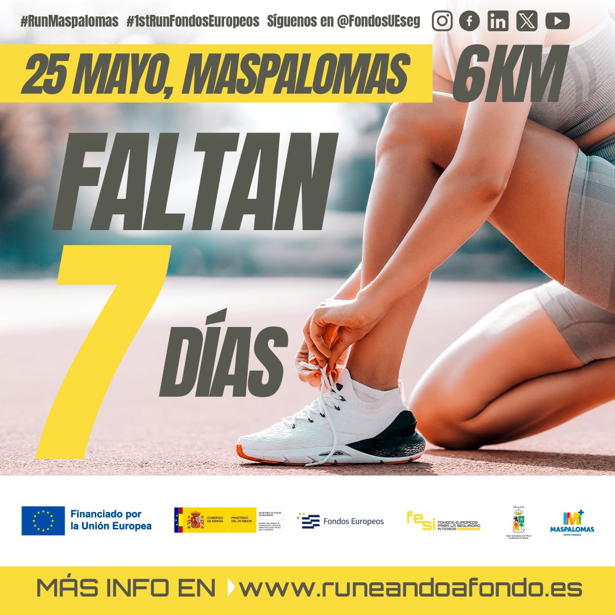 🏃 🇪🇺El 25 de mayo, en Maspalomas, Gran Canaria, prepárate para Runeando a Fondo con los Fondos Europeos. ☀ 🏝 ¡No te quedes atrás! Inscríbete ya y vive un día inolvidable. 😄 ¡Nos vemos en 7 días! 👉runeandoafondo.es #RunMaspalomas #1stRunFondosEuropeos #diadeeuropa